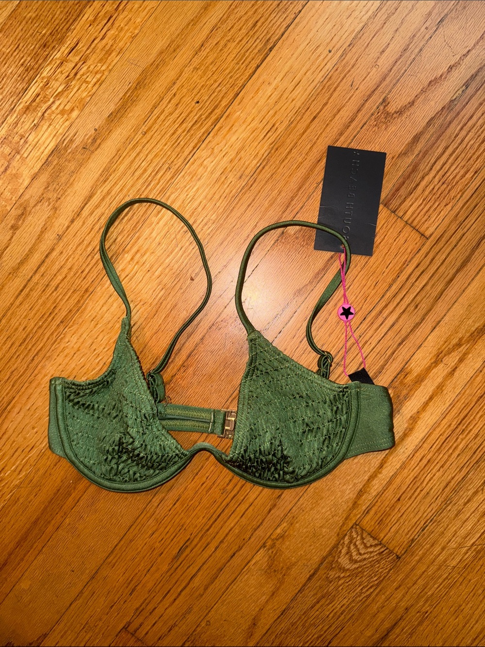 South Beach underwire shirred ruched Olive Green Underwire Bra bikini top 4 XS